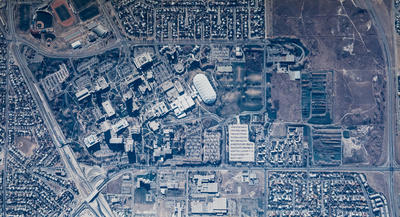 A aerial view of campus from the Archives. 