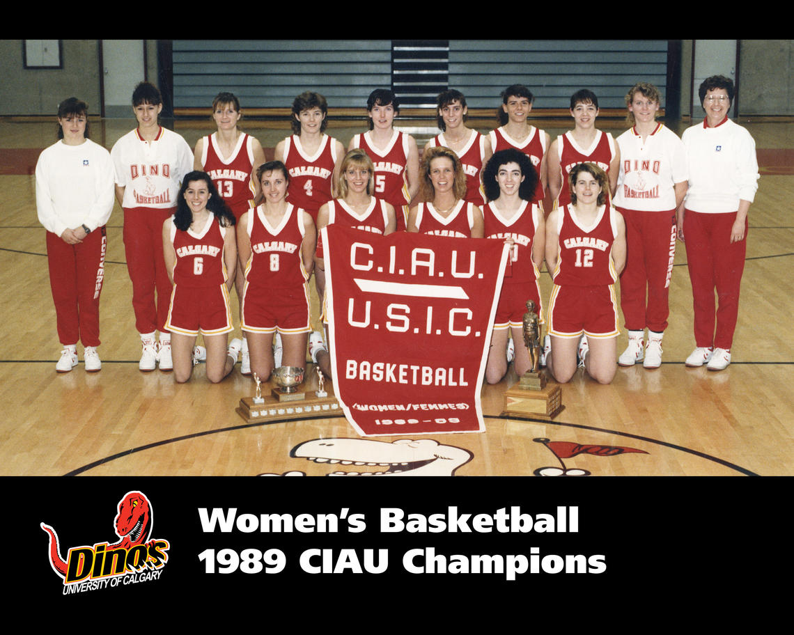 Members of the 1989 CIS National Championship women's Dinos basketball squad pose for a group shot following their amazing season.