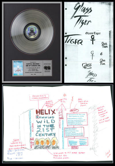 Clockwise, from top left: Award for platinum sales status of Iron Maiden's album, Seventh Son of a Seventh Son; early designs of the Glass Tiger logo; Helix — Running Wild in the 21st Century single artwork sketch and printing proof.