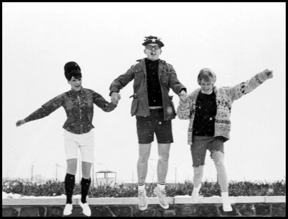 Over the years, Bermuda Shorts Day has been a day for University of Calgary students to celebrate the last day of classes but also the friendships and camaraderie that made a demanding semester that much easier. From left, Sally Stefaniuk, Tom Barley and Marlis Lindsay celebrate a snowy start to Bermuda Shorts Day in 1967.