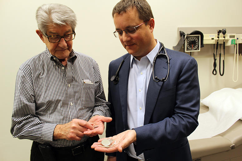 From left, Victor Bohonos, heart patient who had the small pacemaker implanted and Dr. Derek Exner, a heart rhythm specialist and researcher who is leading the Canadian and Australian teams in a new study on leadless pacemakers published in the New England Journal of Medicine.  