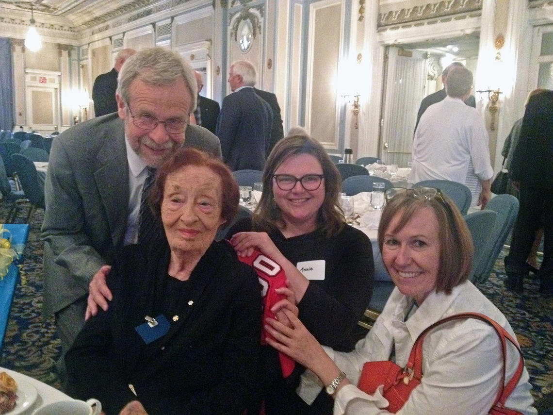 Margaret Hess at her 100th birthday celebration in May 2016, shown here with Libraries and Cultural Resources staff:  Vice-Provost Tom Hickerson, Annie Murray and Barb Murray.