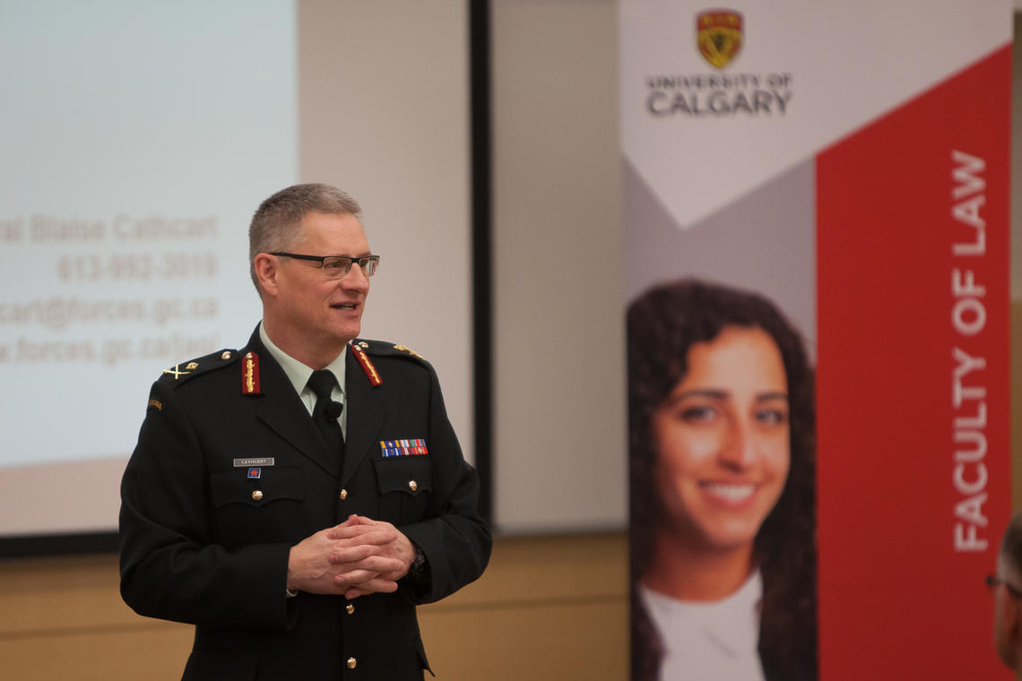 Major-General Blaise Cathcart, Judge Advocate General of the Canadian Armed Forces, speaks to Faculty of Law students at the University of Calgary on Tuesday.