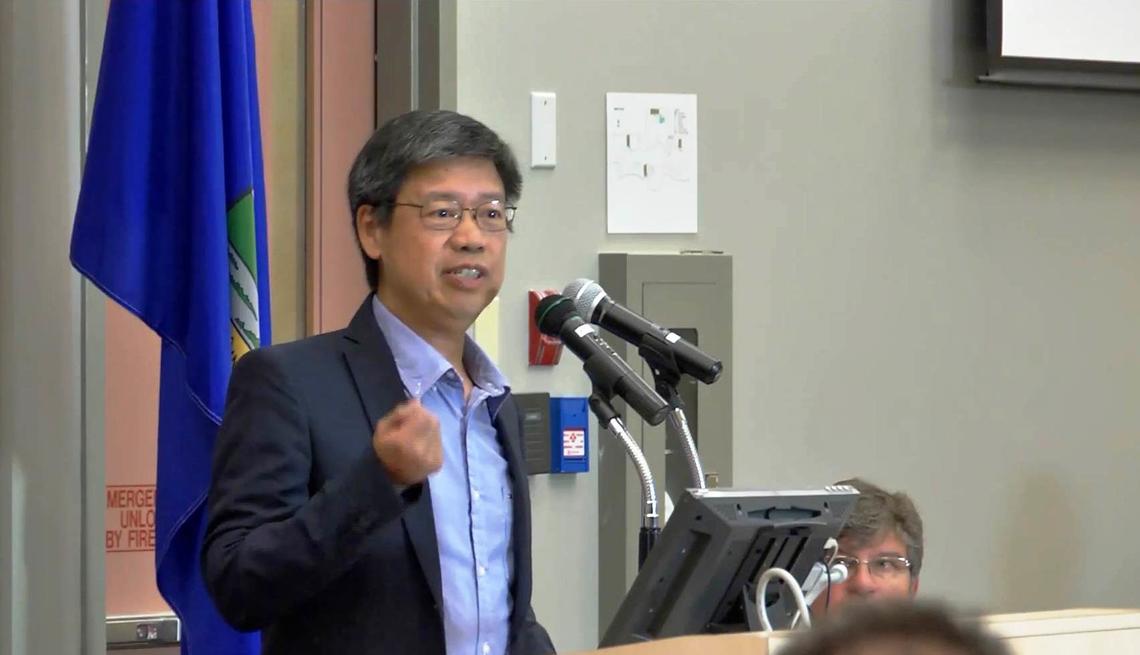 EVDS professor and mould expert Tang G. Lee,  pictured here presenting to the Calgary Real Estate Board in July 2013, took on particularly complex mould cases for homeowners after the flood last year, and was involved with the City of Calgary’s Flood Mitigation Committee.