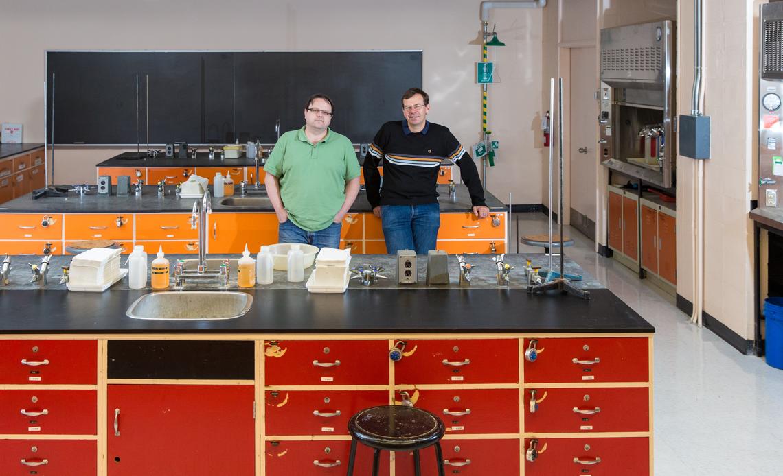 Software designer Ron Dutton, left, and Department of Chemistry senior instructor Ian Hunt.