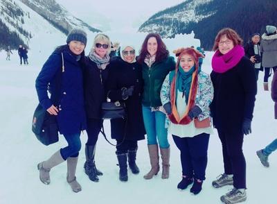 From left, Lea Chan Pinco Jabonete; Evelyn Edwards; Aisha Al-Yazeedi; Sandy Strachan, nursing instructor in charge of the visit; Asma Alamgir and Claire Mills, nursing practice placement co-ordinator, Faculty of Nursing visit Lake Louise.