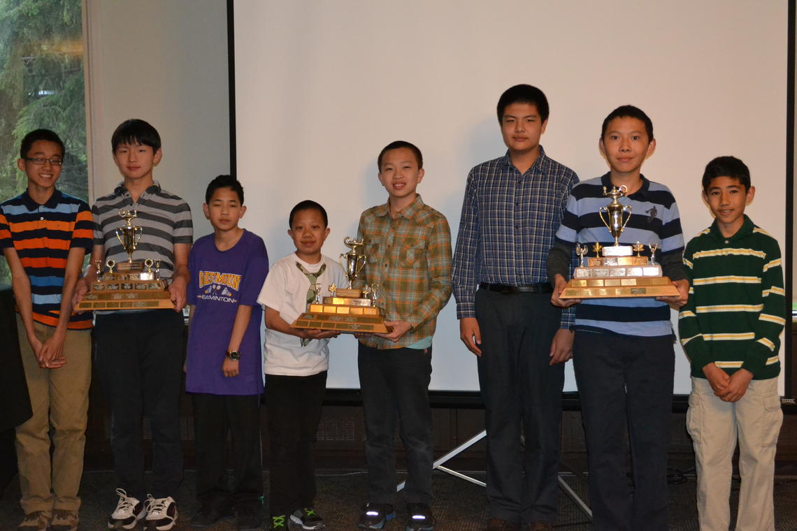 2014 Annual Calgary Junior Mathematics Contest top team award winners, from left: Nicholas Kwan, Stephen Shi and Jeffrey Zhou from Westmount Charter School (third); Richard Kang and Kevin Chu from John Ware Junior High School (second); and Jack Zhang, Ruiming Xiong, and Zachary Lau from Queen Elizabeth Junior/Senior High School (first).