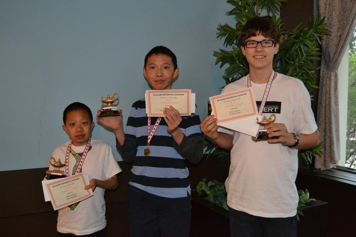 2014 Annual Calgary Junior Mathematics Contest top individual award winners (left to right): Richard Kang (1st), Ruiming Xiong (2nd), Brian Kehrig (3rd).