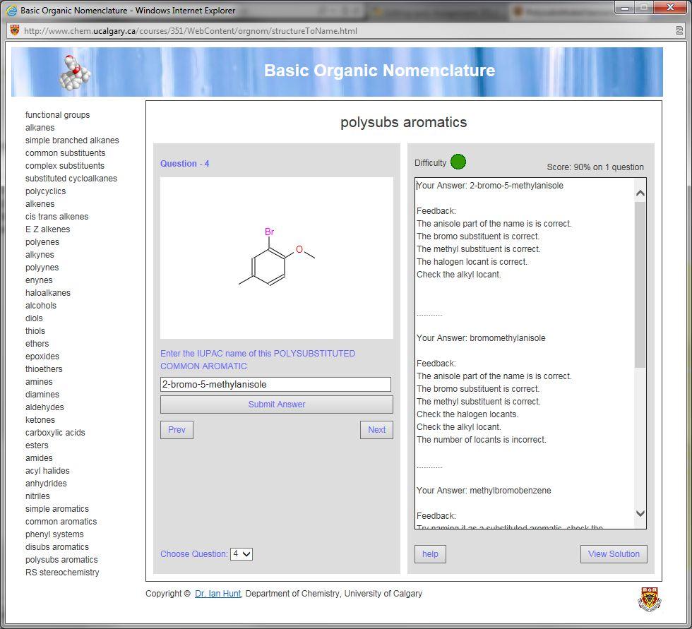 The Basic Organic Nomenclature learning tool runs students through practice drills on the naming of organic molecules. Categories of question sets are listed on the left. Students view the question in the form of a molecule graphic (middle), and submit their answer. The program provides guiding feedback on the right.