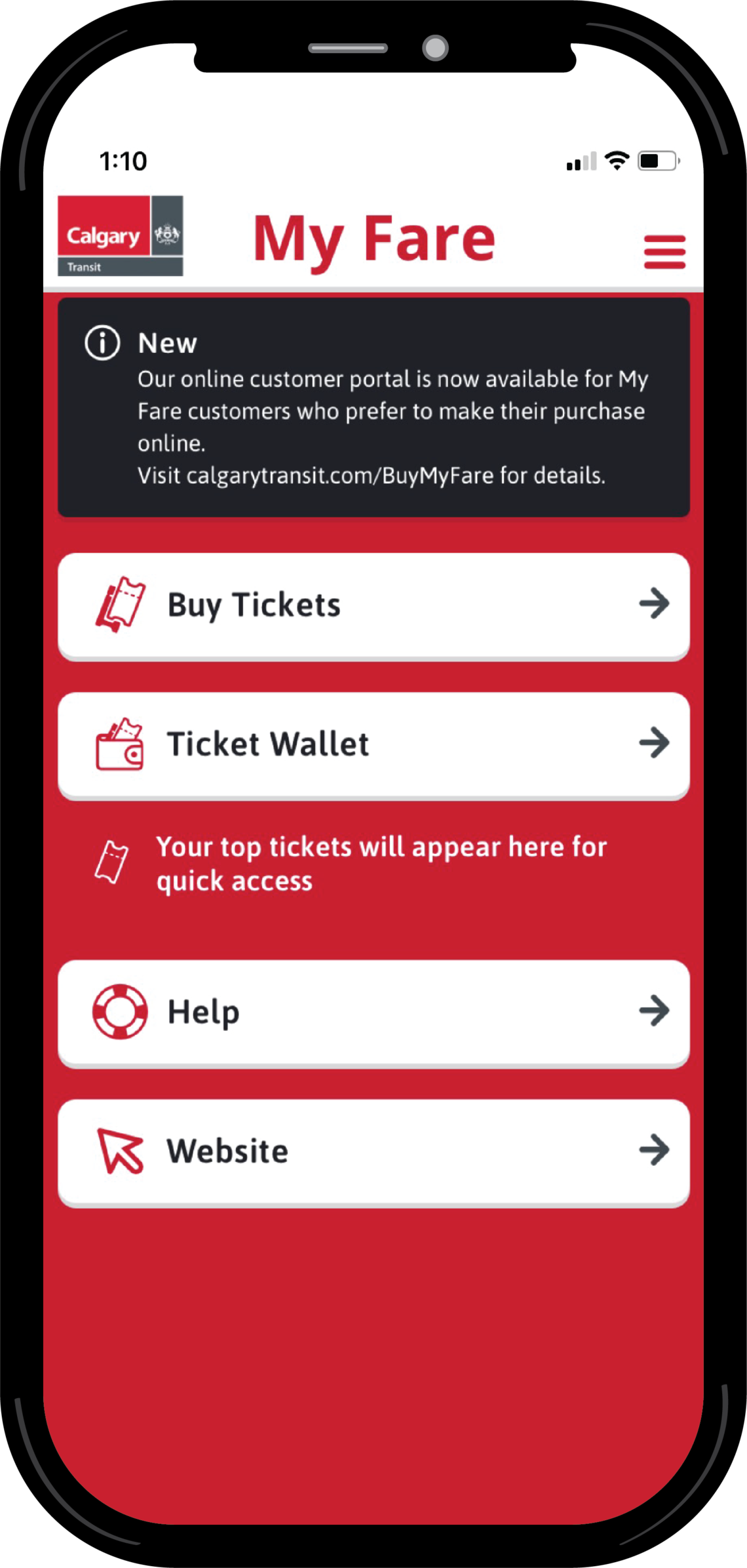 My Fare App Menu: Buy Tickets, Ticket Wallet, Help, Website