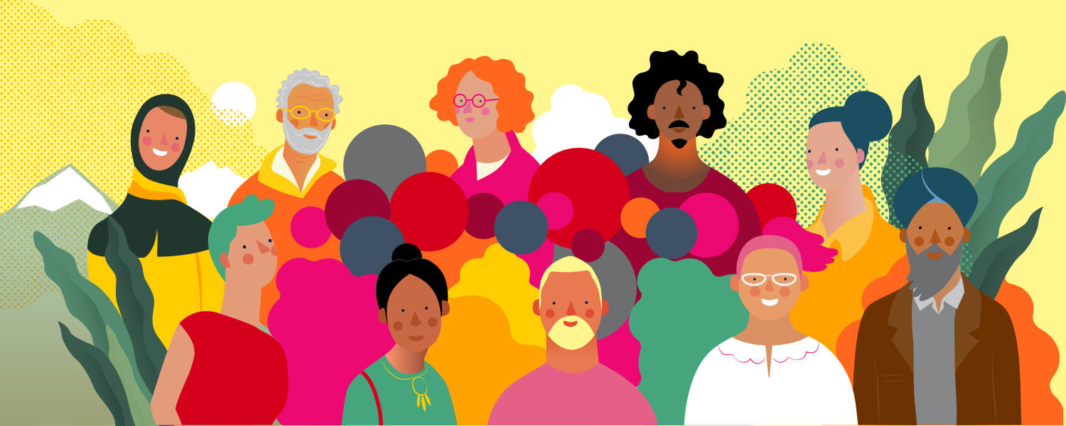 Colourful illustration of people from diverse backgrounds with different capacities