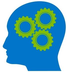 A silhouette of a head with green gears in it.