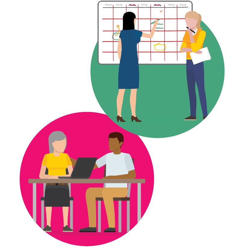 Graphics of employees discussing hybrid work options