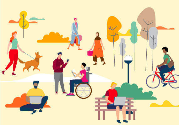 Colourful illustration of campus life and people of diverse backgrounds and different capacities