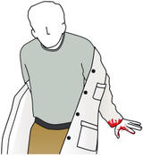 a person taking off a labcoat with blood on it.