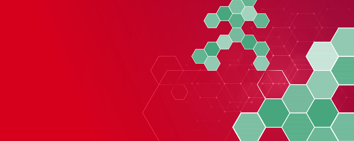 A red background with green hexagons patterned in.