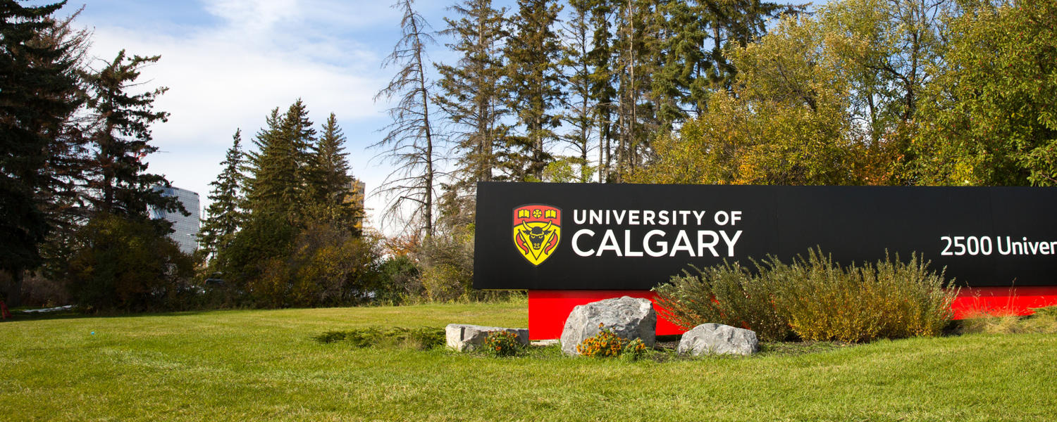 UCalgary main campus sign in spring
