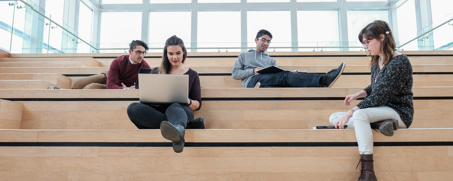 Students sitting on a staggered wooden platform, on their own computers.