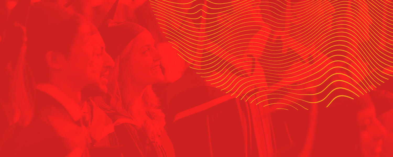 A red graphic shows graduates wearing gowns and mortarboards at a convocation ceremony. 