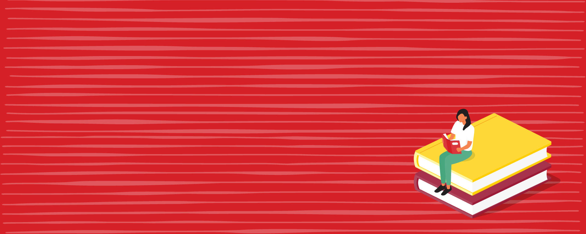 Illustration of a person sitting on a stack of books against a red background with a striped pattern.