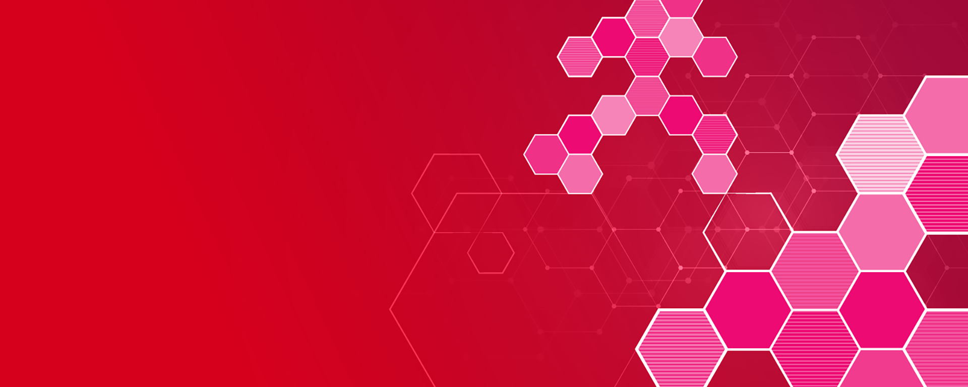 A red background with pink coloured, and outlines of hexagons