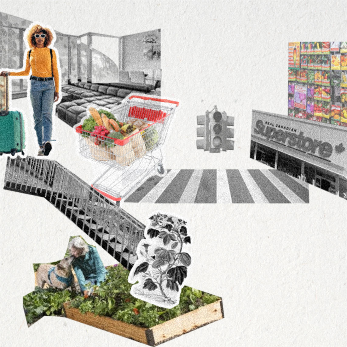 Digital collage of urban setting with grocery store, community garden and person dressed walking with suitcase