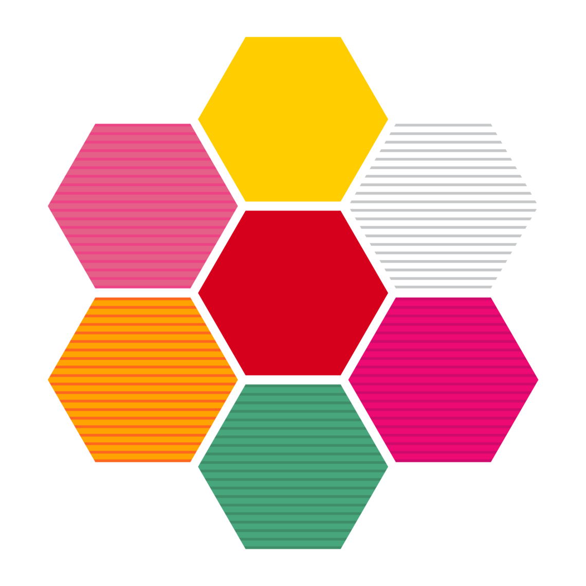 UCeed unique Identifier - 6 hexagons, two pink, one yellow, one orange, one green and one red