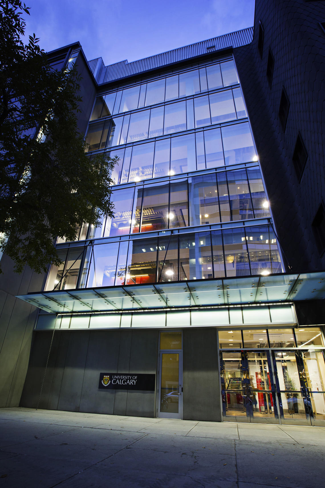 exterior of UCalgary's downtown campus at night