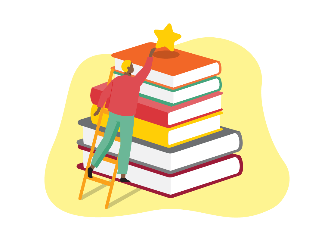 A person climbs a ladder propped up against a stack of books, trying to reach a star that sits on top of the stack