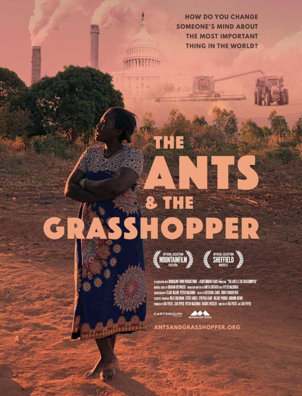 Film Poster: Anita Chitaya stands arms crossed on dirt ground, images of chimney smokes, DC, and combines in the background.