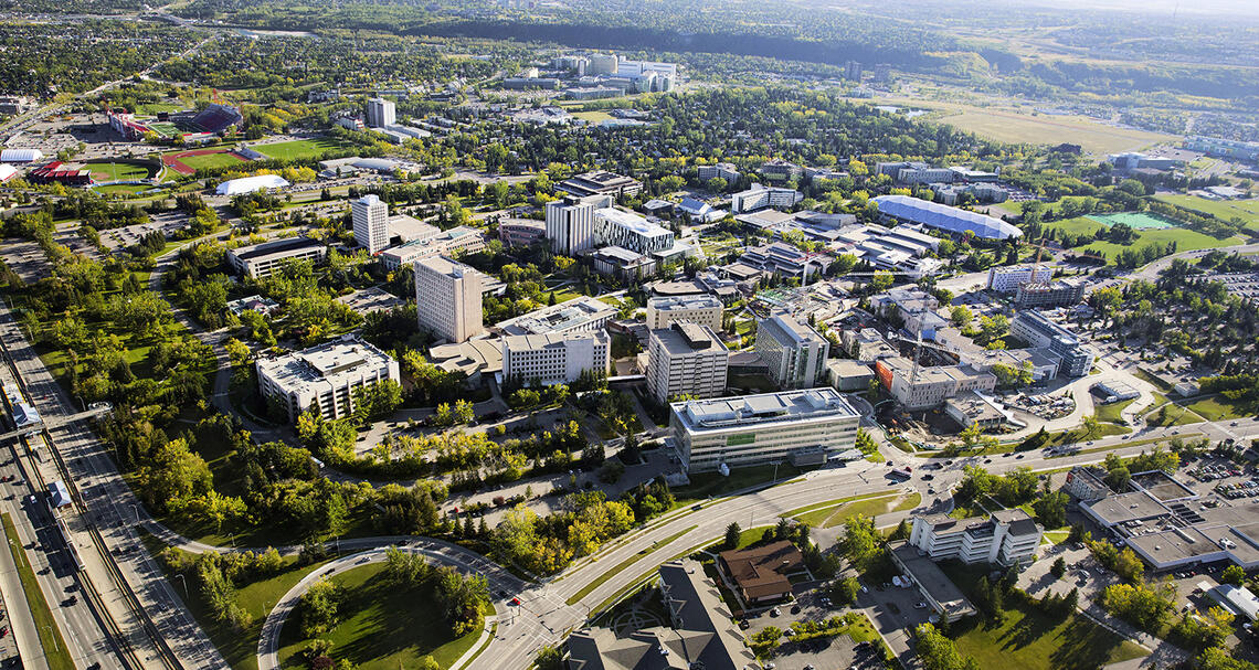 An aerial shot of the UCalgary campus in the summer