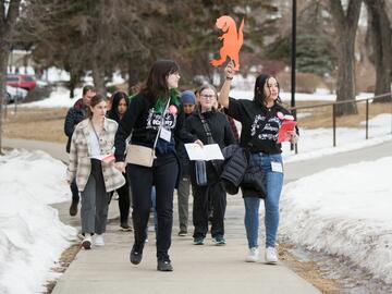 Orientation leaders guiding newly admitted students around campus during the You at UCalgary event.