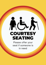 Courtesy seating stickers prioritize some seats for people with mobility concerns.