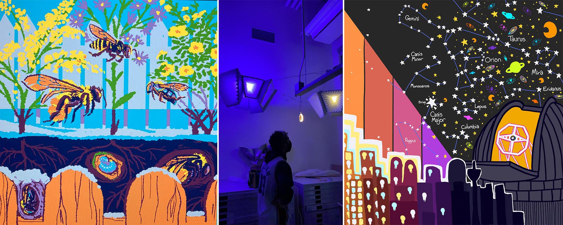 A compilation of three artworks featured in the story. One image is a painting of bees in a forest, one if of a man looking up at an illuminated sculpture, and one depicts a city skyline under a sky of constellations.