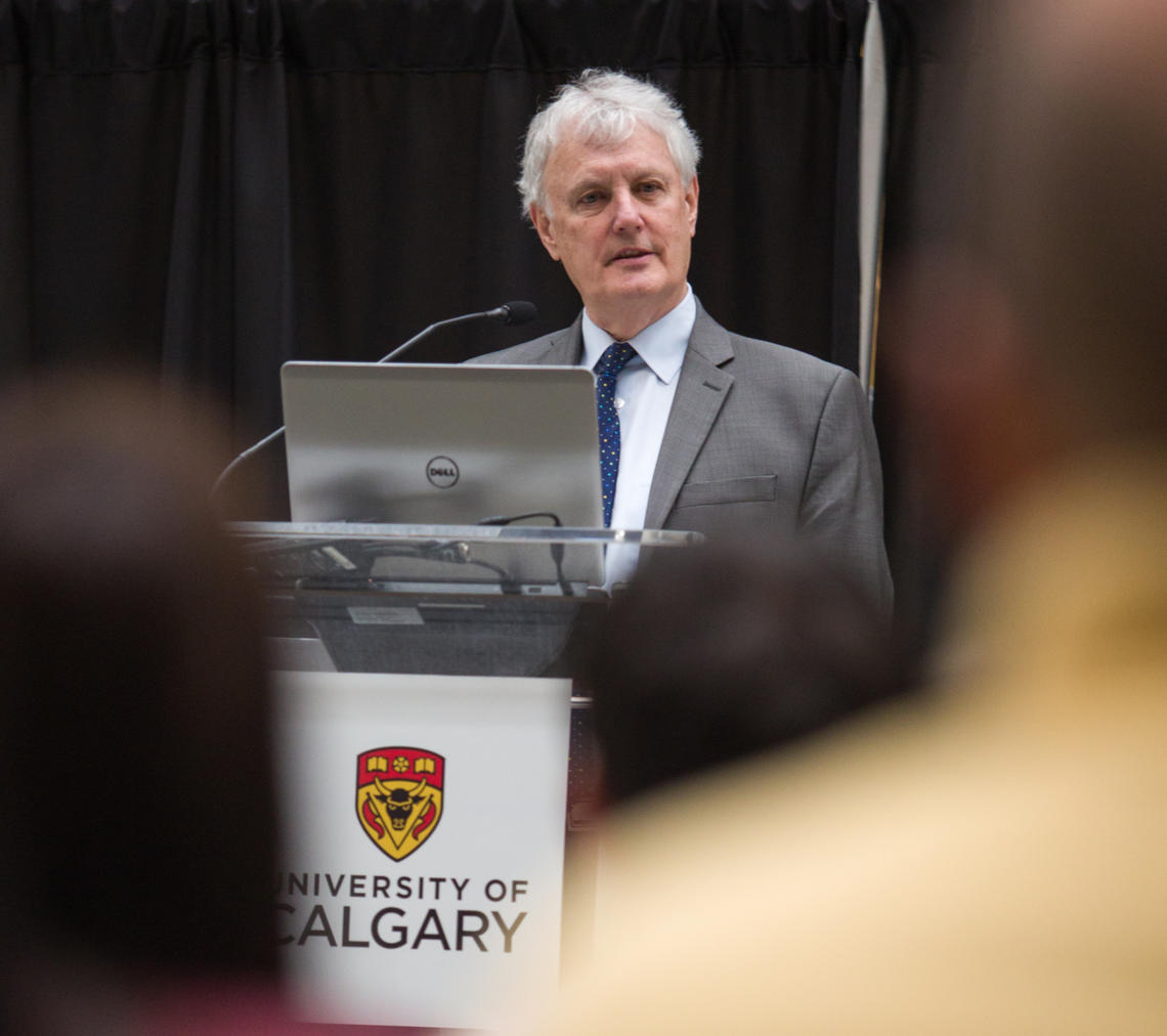 John Reynolds, associate vice-president of research at the University of Calgary, emcees an event hosted by the O'Brien Institute for Public Health at the Cumming School of Medicine.