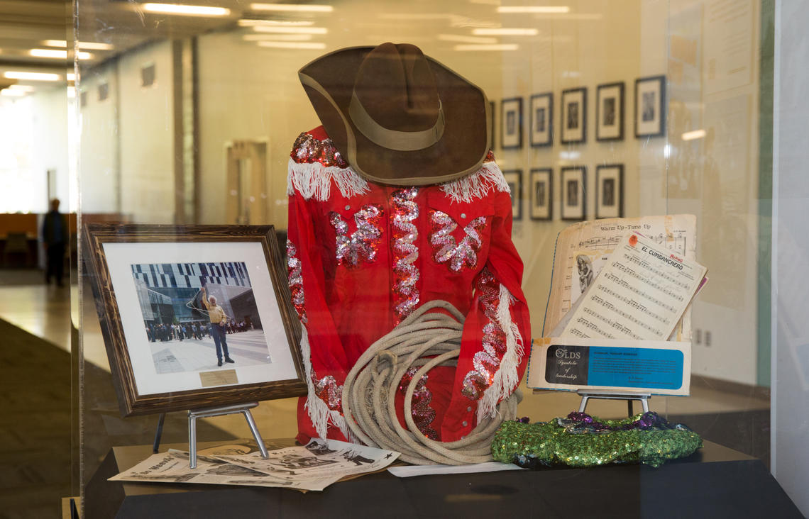 A selection of the Ray family's Stampede memorabilia is on display in the Taylor Family Digital Library lobby. The son of vaudevillian performers, political science professor Donald Ray spent his youth performing such tricks in rodeos (including the Calgary Stampede), as well as in circuses, theatres and nightclubs from Canada to South Africa.