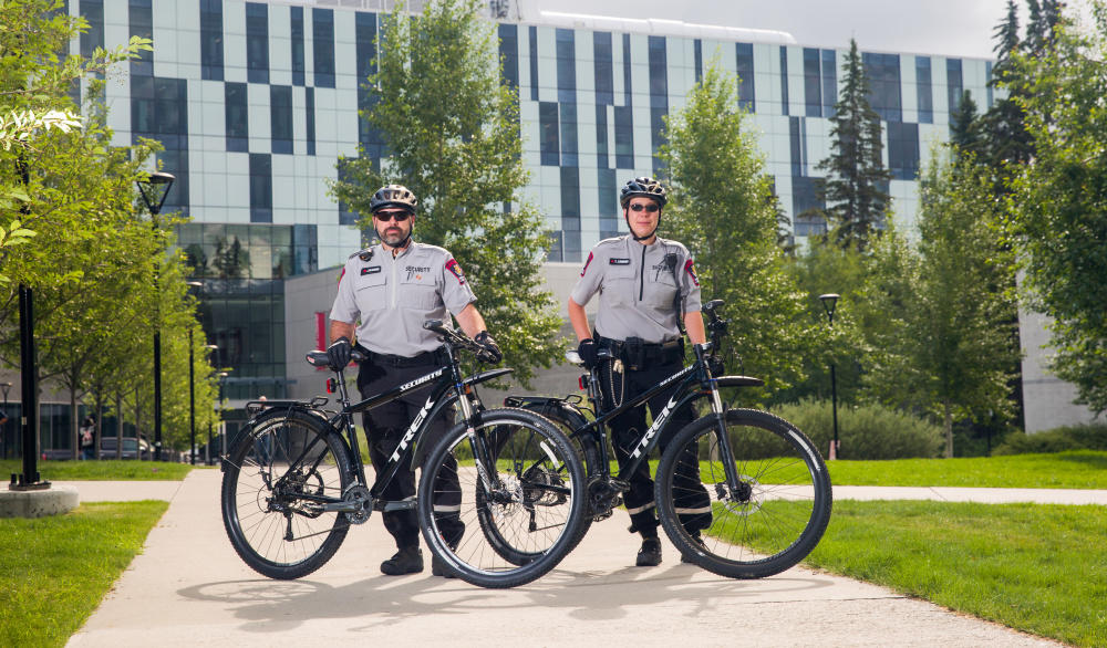 Campus Security's Jean Beaudoin, left, and Tesha Lingren are the first non-police officers to be certified Law Enforcement Bicycle Association instructors, which has major benefits for the University of Calgary. 