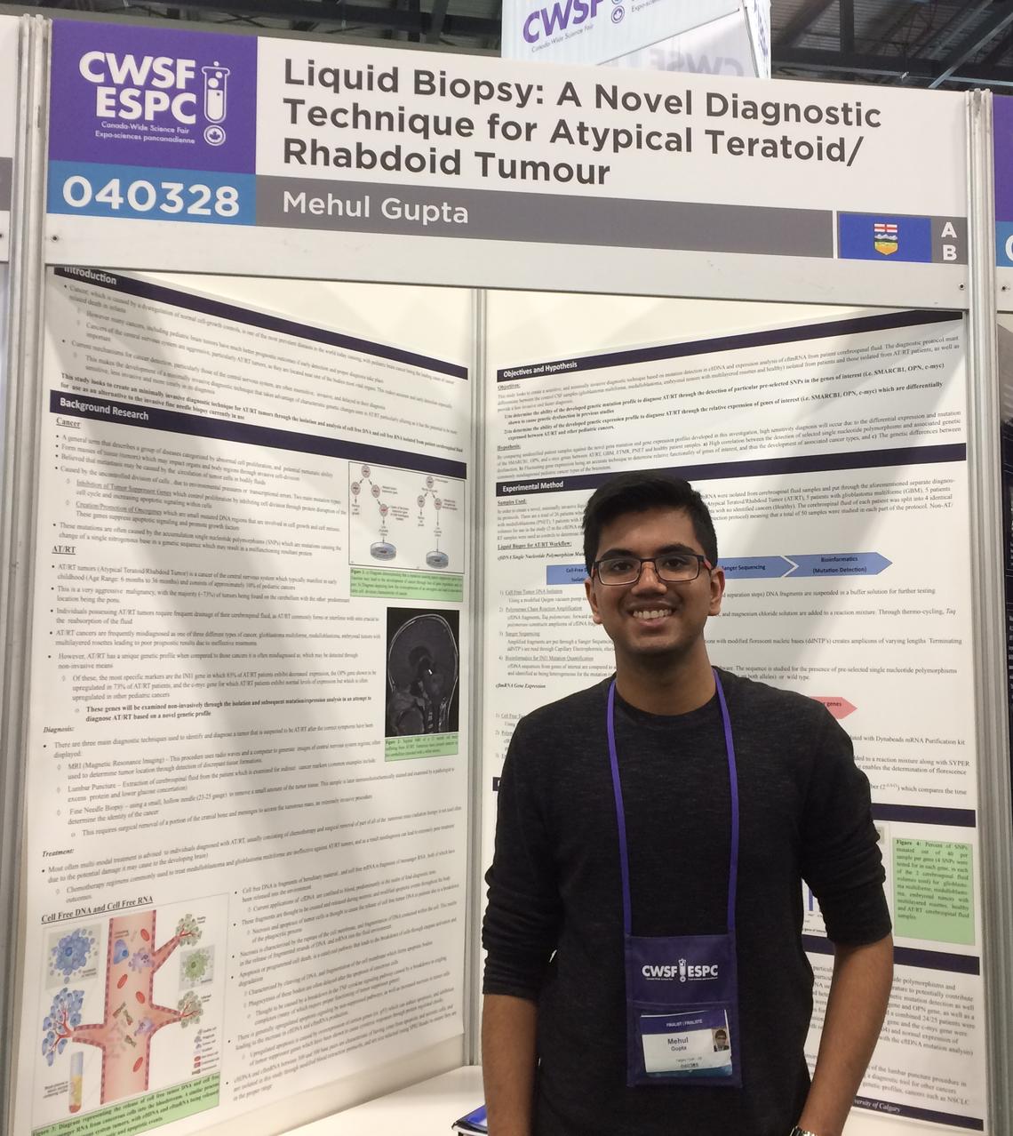 First-year UCalgary student Mehul Gupta with his 2017 Calgary Youth Science Fair project on brain tumours, which won the top prize last year. This year, he is a volunteer judge at the science fair.