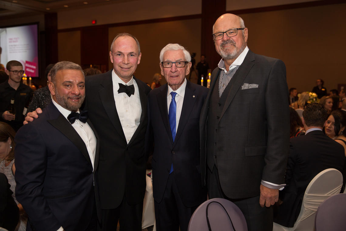 Gala co-chairs Tony Dilawri, a partner of the Dilawri Group of Companies, far left, and Ken King of the Calgary Sports and Entertainment Corporation, far right, stand with Alvin Libin, OC, founding donor of the Libin Institute and Todd Anderson, director of the Libin Institute at the fifth annual Beat Goes on Gala. 