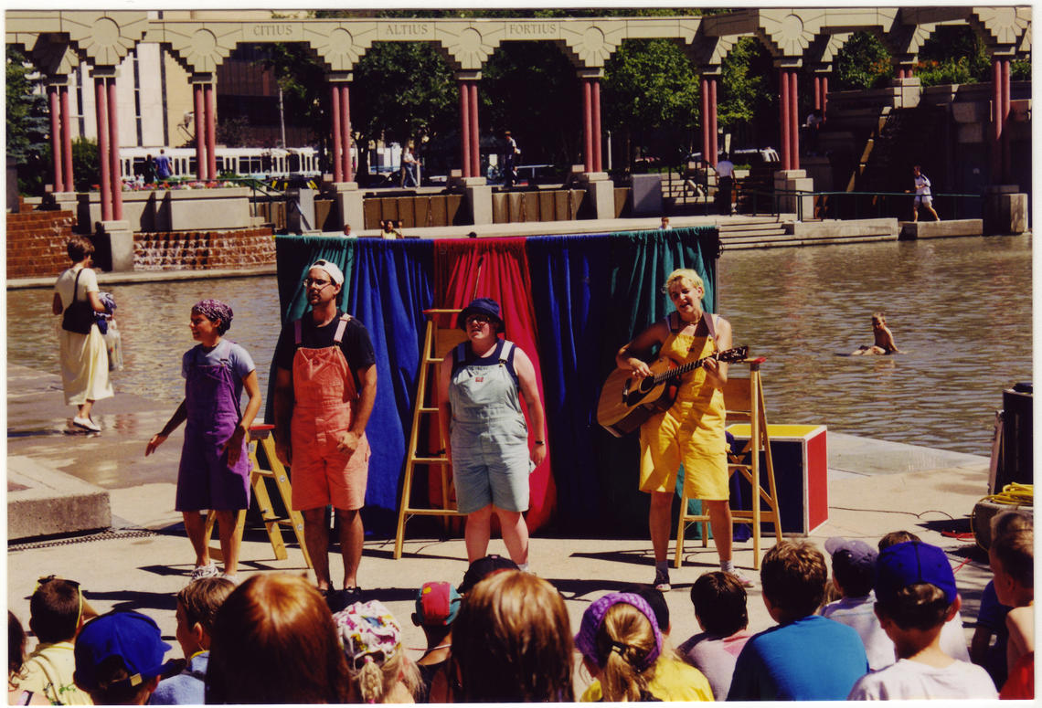 UCalgary’s Wagonstage, a summer stock theatre troupe performs at Olympic Plaza in 1998. The Theatre for Young Audiences group created at the School of Creative and Performing Arts has been performing plays for Calgary kids every summer since 1966.
