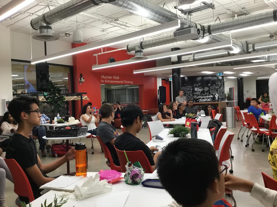 The last day of the Young Entrepreneurs camp closes at the Hunter Hub for Entrepreneurial Thinking where students share the big ideas they developed throughout the week and their knowledge of community resources to mobilize big ideas.