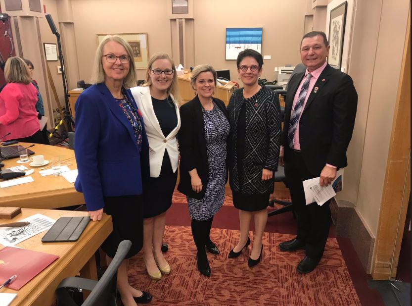 From left: Senator Jane Cordy, Dr. Amy Metcalfe, Stephanie Mitton of Children’s First Canada, Senator Raymonde Gagné, and Senator Brian Francis on Parliament Hill Nov. 7.