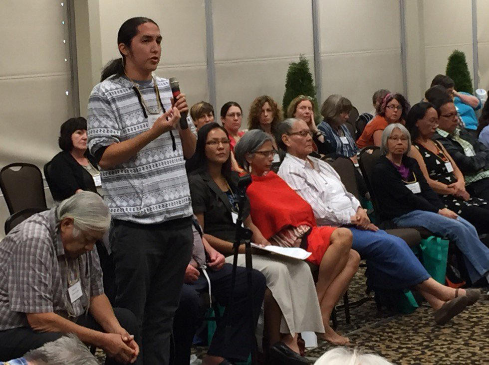 Steven Crowchild speaks at the National Vision for Indigenous Language Sustainability workshop in 2016. 