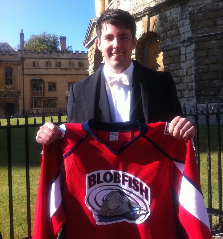 Braden O’Neill, 2015 Cumming School of Medicine graduate and Rhodes Scholar, shows off his team hockey jersey on one of his first days at Oxford. After graduation, O'Neill will be off to the University of Toronto to commence his Family Medicine residency. 