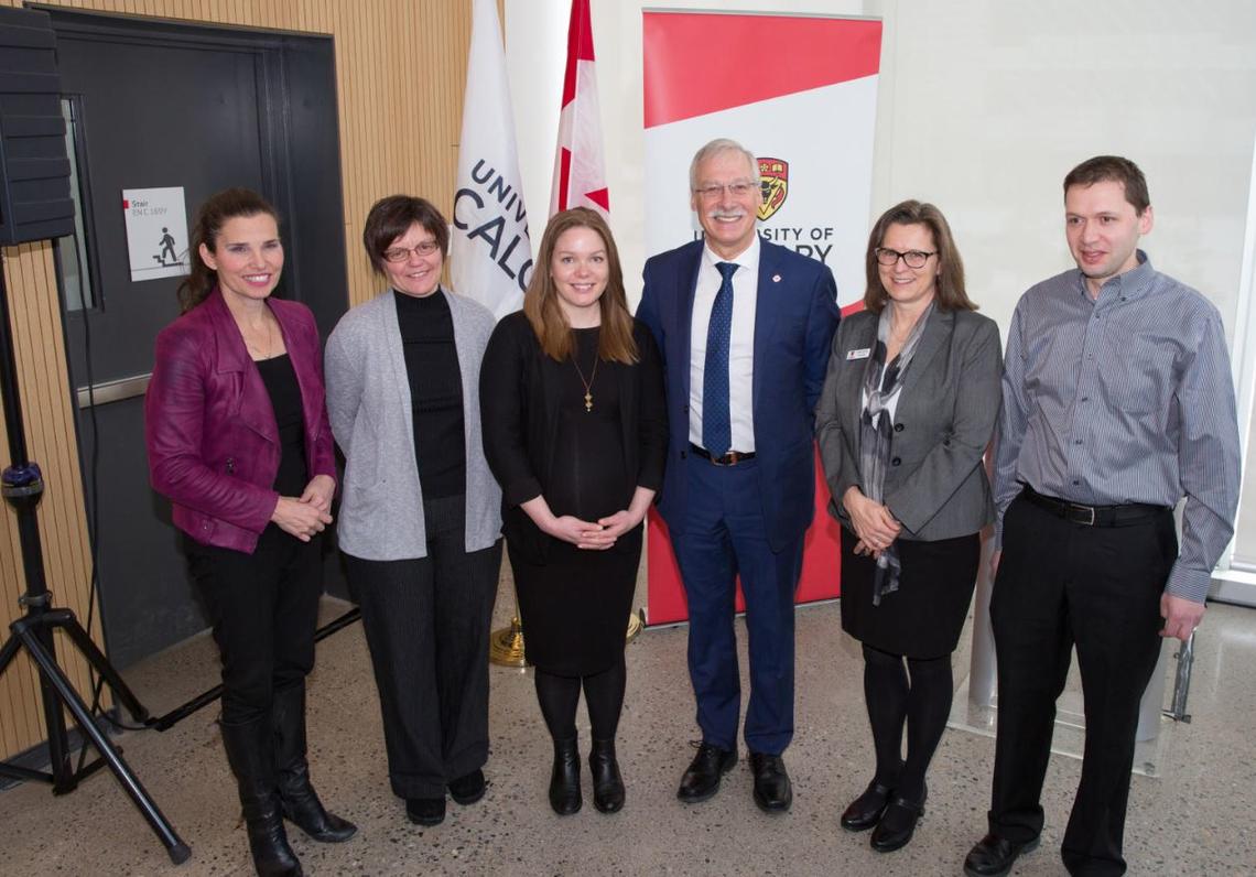 At the Canada Research Chair announcement at the University of Calgary, from left: Kirsty Duncan with Sabine Gilch, Brandy Callhan, André Buret, Lesley Rigg, and Leo Belostotski.
