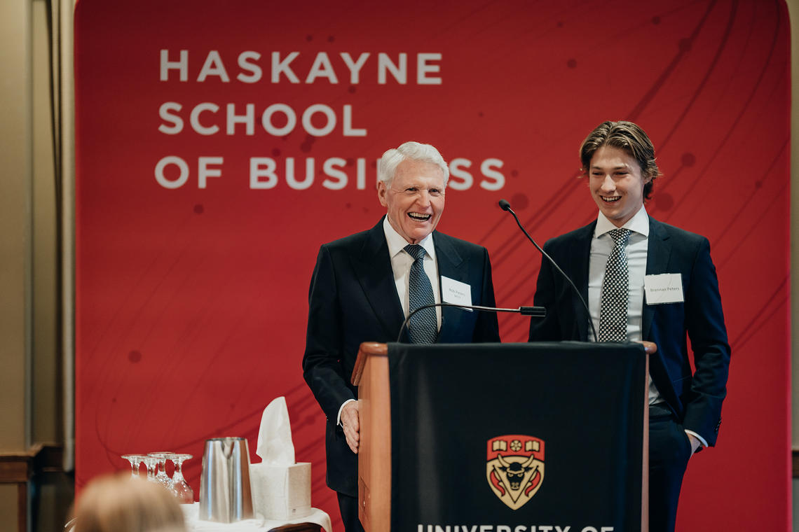 University of Calgary alumnus Rob Peters, co-founder of Peters & Co. Limited, and his son Brennan Peters, a student in the dual degree program between the Haskayne School of Business and Schulich School of Engineering. Photos by Kelly Hofer, for the Haskayne School of Business