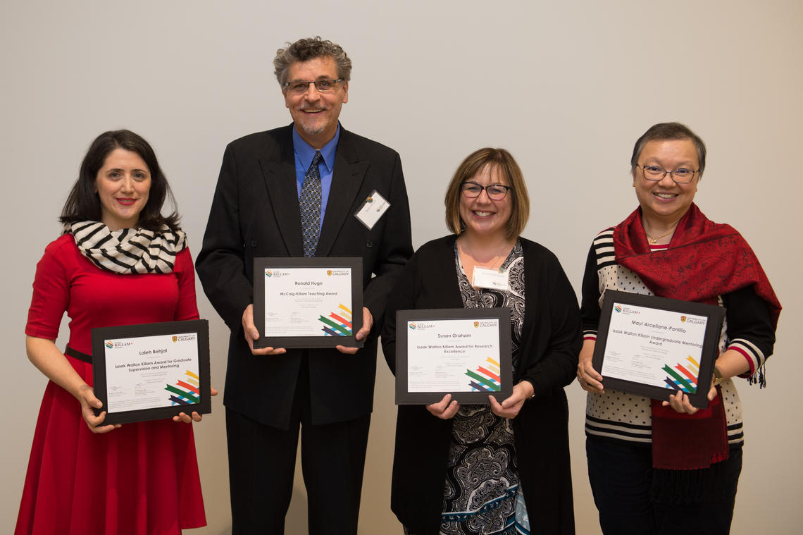 The 2017 Killam Research and Teaching Award Winners, from left: Laleh Behjat, Schulich School of Engineering; Ron Hugo, Schulich School of Engineering; Susan Graham, Cumming School of Medicine and the Hotchkiss Brain Institute; and Mayi Arcellana-Panlilio, Cumming School of Medicine and the Arnie Charbenneau Cancer Centre.