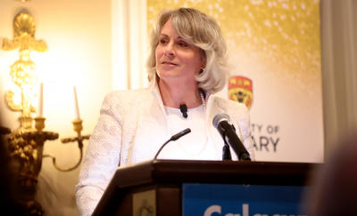 University of Calgary President Elizabeth Cannon speaks to the Calgary Chamber of Commerce on April 13. Photo by Colleen De Neve