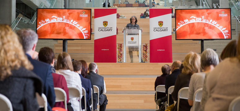 Joanne Perdue, chief sustainability officer at the University of Calgary, speaks at the launch of the institutional sustainability strategy on Wednesday. Photo by Riley Brandt, University of Calgary 
