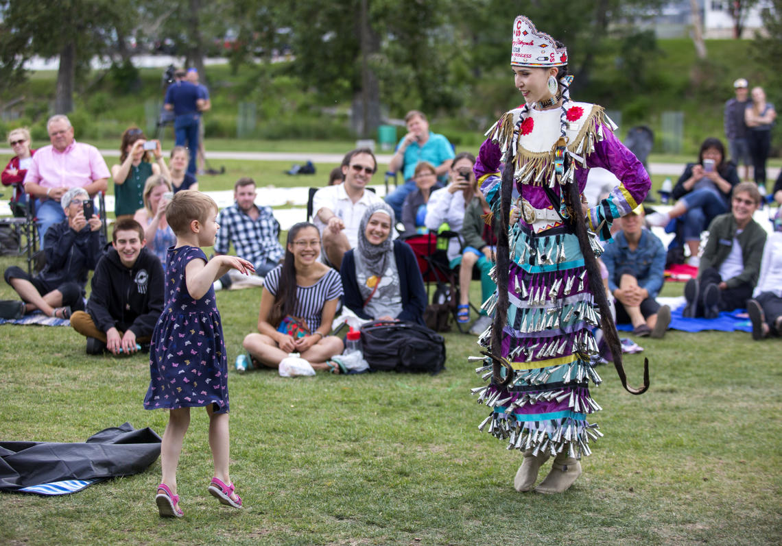 The 2018 First Nations Princess Cieran Starlight performs a jingle dress dance.